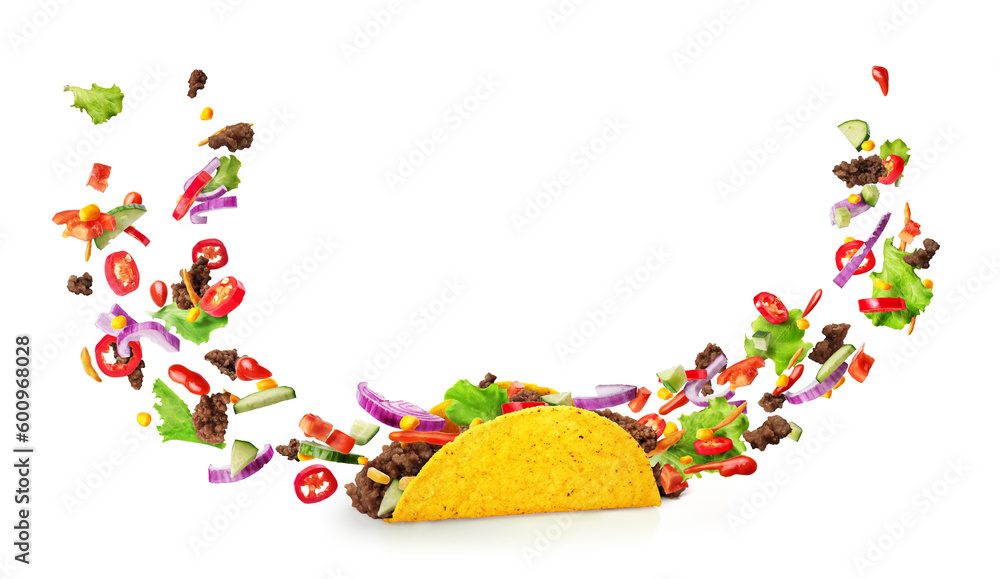 Sliced filling flying out from both sides of a Mexican taco in the form of a smile, isolated on a wh