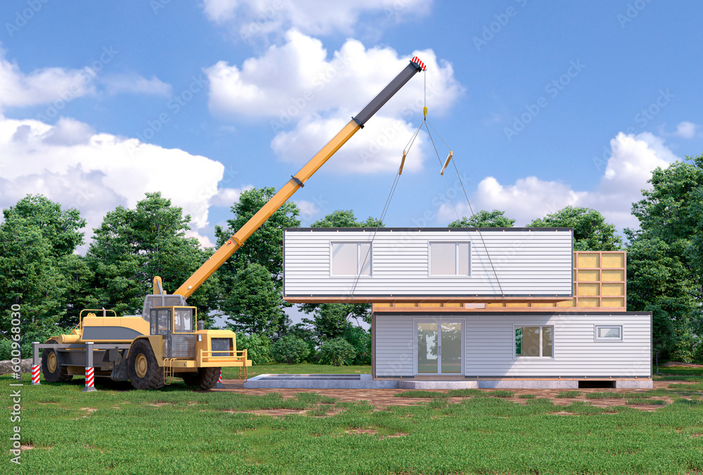 Assembling a modular house exterior. 3d illustration