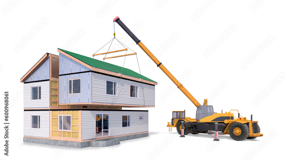 Assembling a modular house isolated on white background. 3d illustration