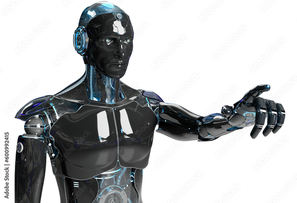 Isolated dark robot pointing finger. Futuristic cyborg using artificial intelligence. 3D rendering b