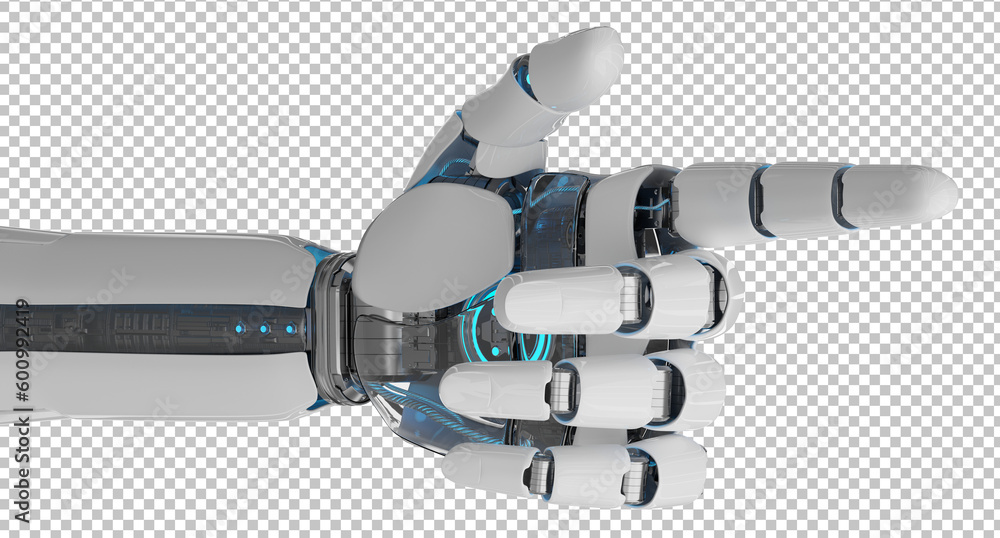 Isolated robot hand pointing finger. 3D rendering white and blue cyborg arm. Humanoid fingers cut ou