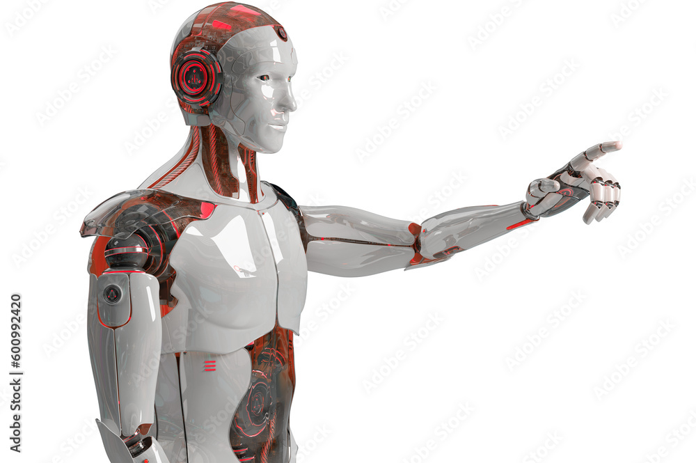 Isolated robot using artificial intelligence. Futuristic cyborg pointing finger. 3D rendering white 