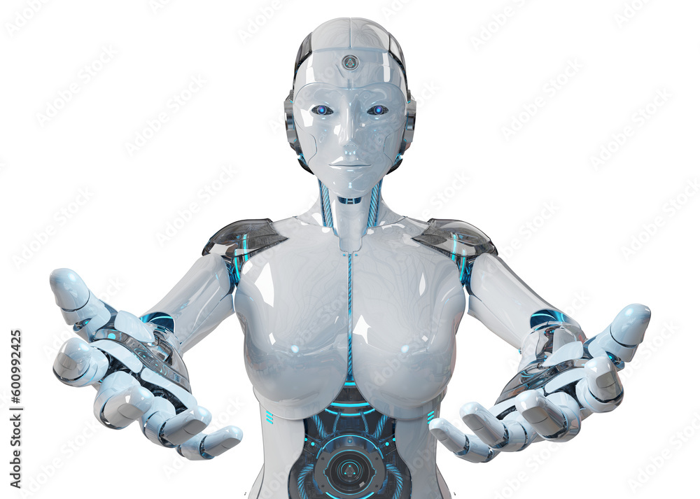 Isolated woman robot opening her two hands. Futuristic cyborg. 3D rendering white and blue humanoid 