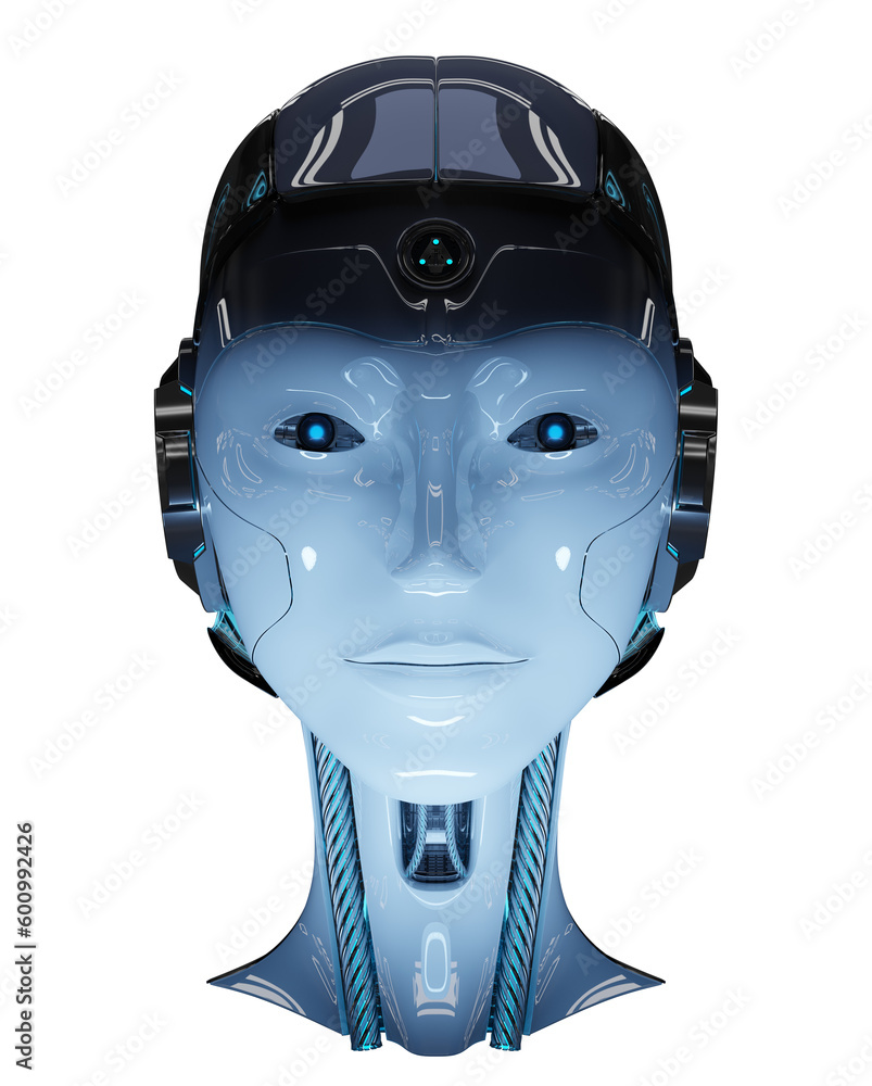 Isolated woman robot head with modern studio lights. 3d rendering of cyborg humanoid female face on 