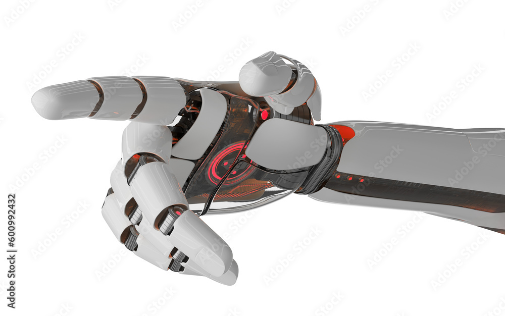 Isolated robot hand pointing finger. 3D rendering white and red cyborg arm. Humanoid fingers cut out