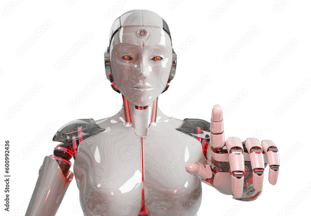 Isolated woman robot using artificial intelligence. Futuristic cyborg pointing finger. 3D rendering 