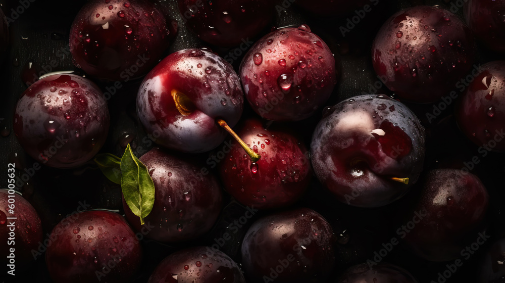 Fresh ripe plums with water drops background. Fruits backdrop. Generative AI