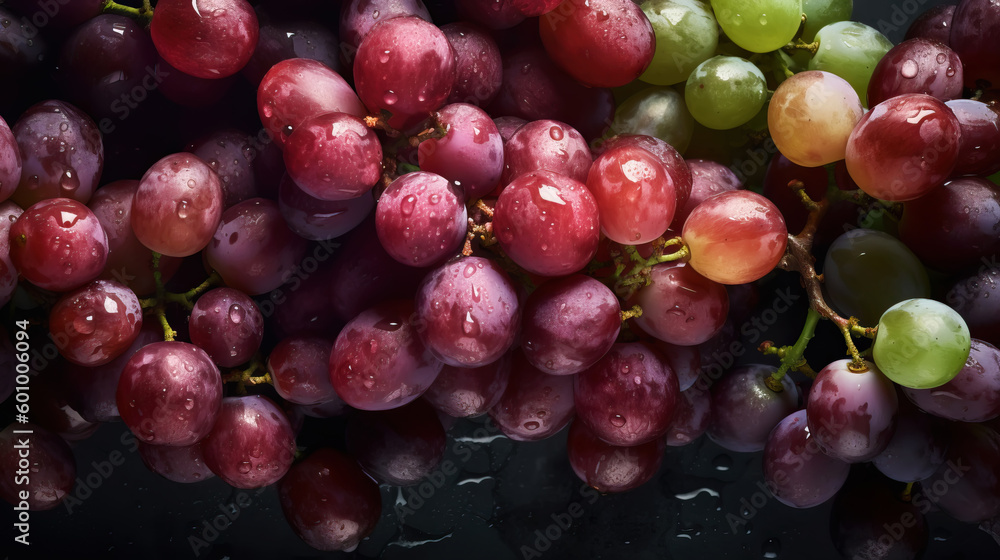 Fresh ripe grapes with water drops background. Berries backdrop. Generative AI