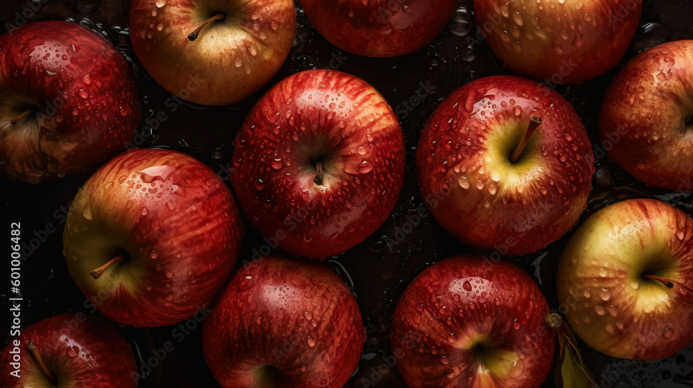 Fresh ripe apples with water drops background. Fruits backdrop. Generative AI