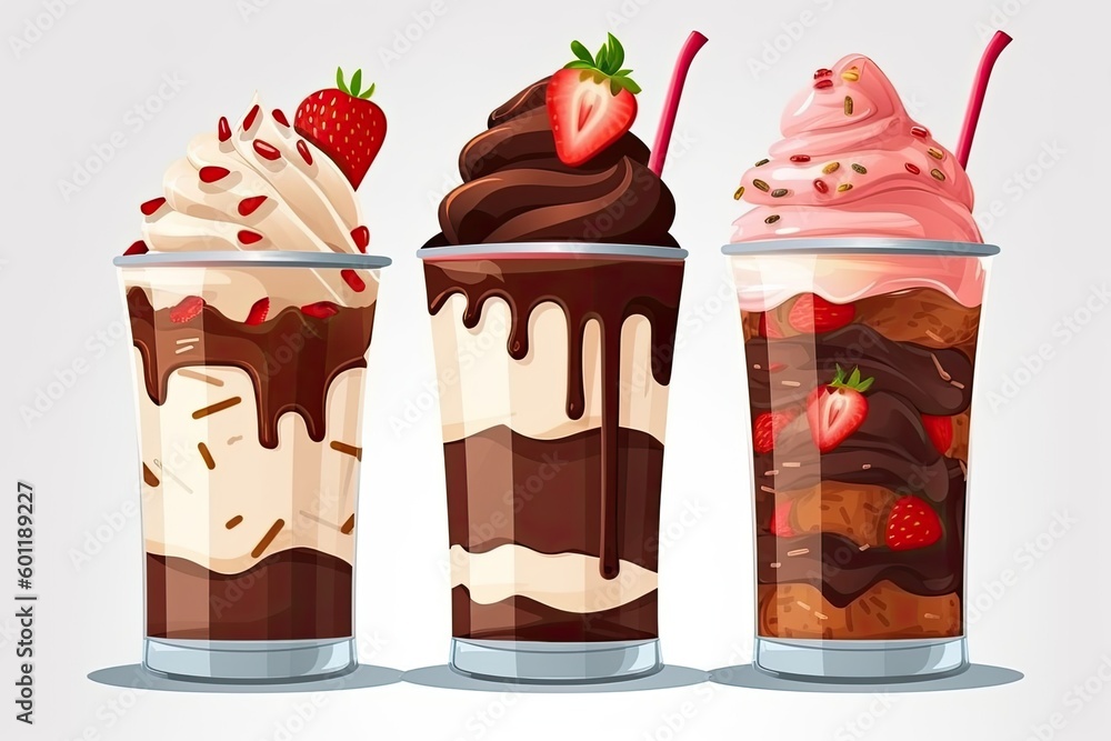 three delicious ice cream sundaes with various toppings and flavors Generative AI