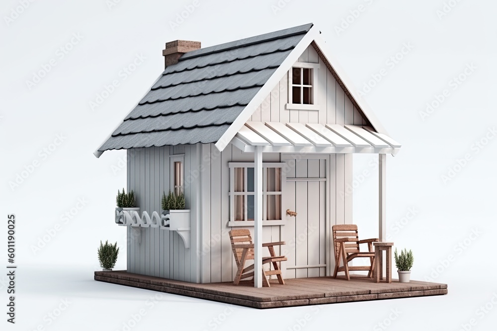 cozy white cottage with a charming porch and outdoor dining area Generative AI