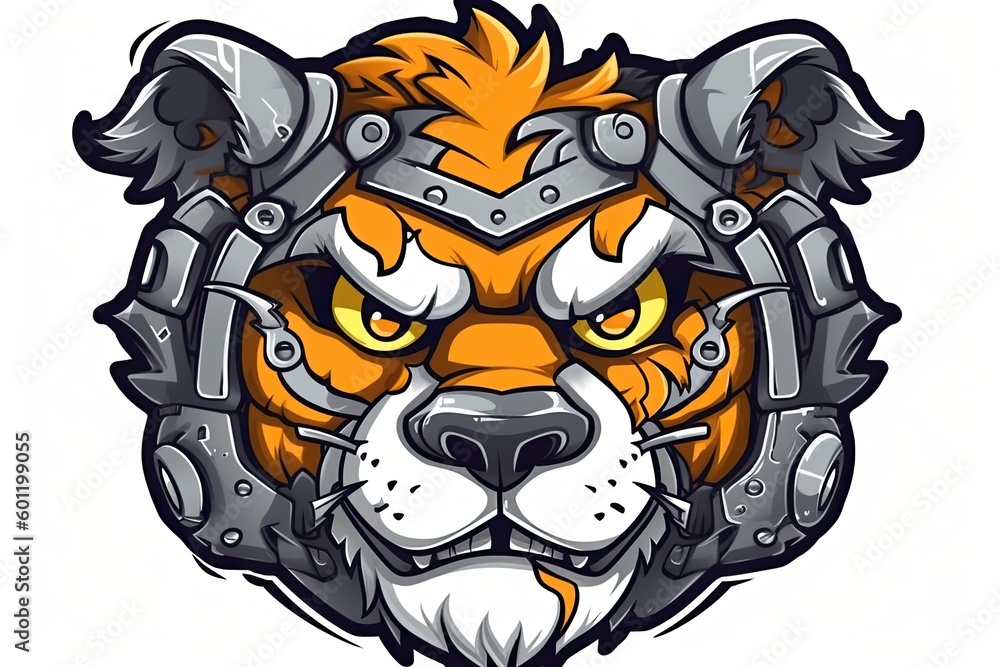 tigers head wearing metal armor Generative AI