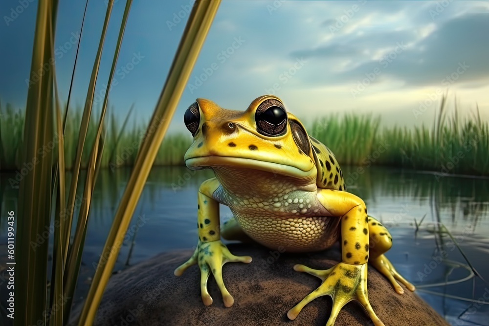 frog perched on a rock by a tranquil body of water Generative AI