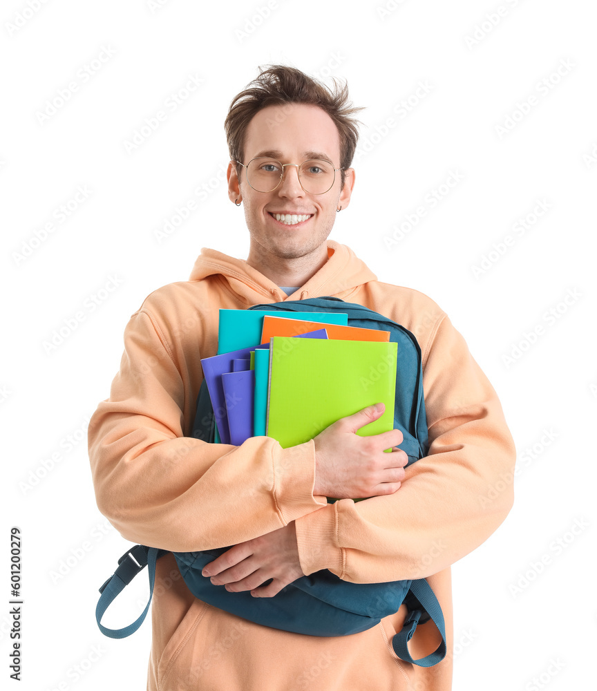 Male student with backpack on white background