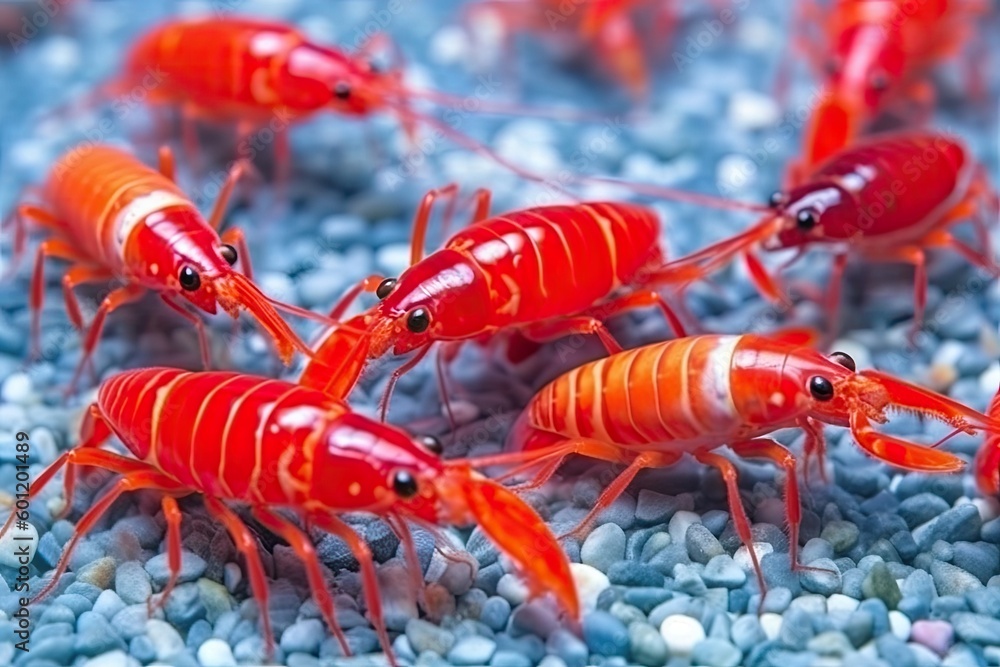 group of live red lobsters on pebbled seabed Generative AI