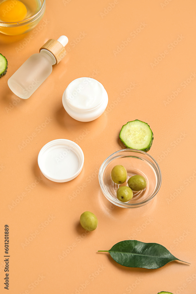 Composition with natural cosmetics and ingredients on color background