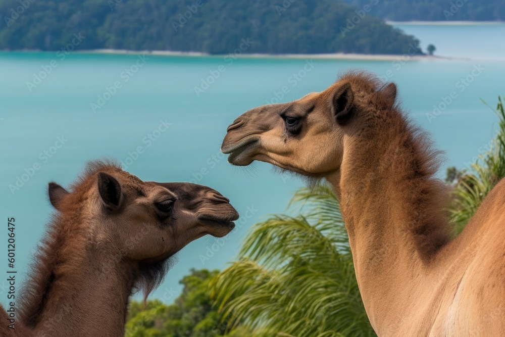 two camels standing side by side in a desert landscape Generative AI