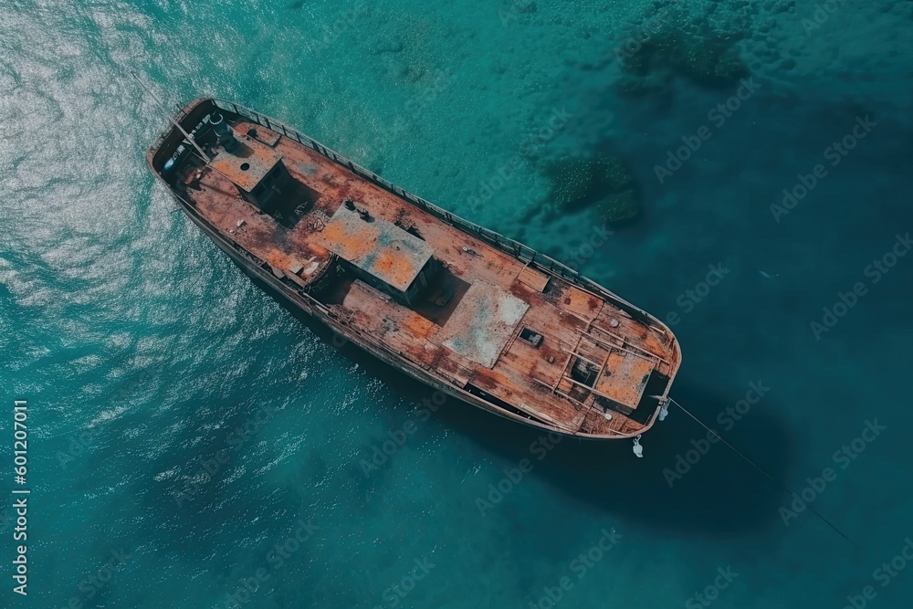 an abandoned and rusted boat stranded in the vast ocean Generative AI