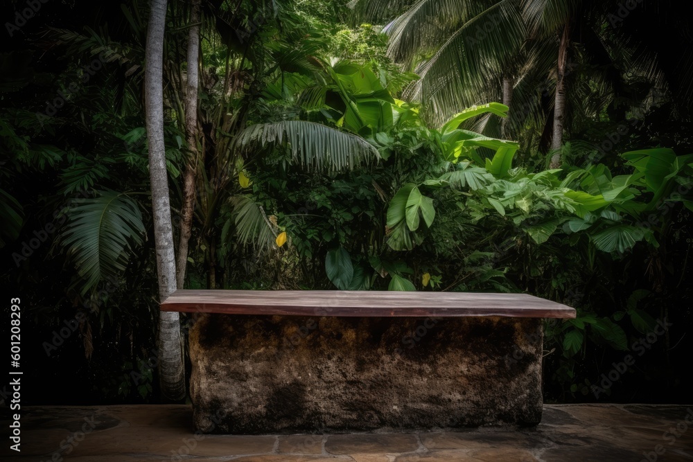 wooden bench surrounded by trees in a lush forest Generative AI