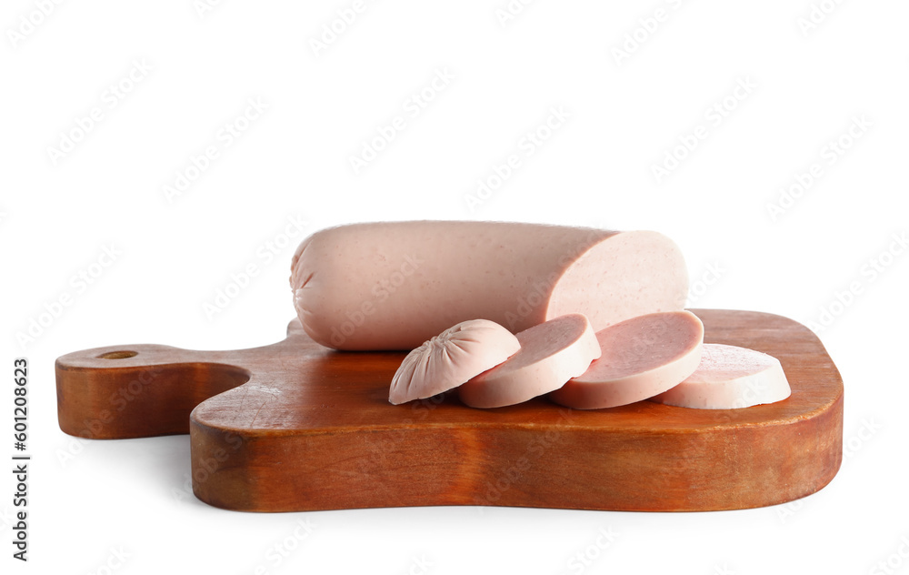 Wooden board with tasty sliced boiled sausage on white background