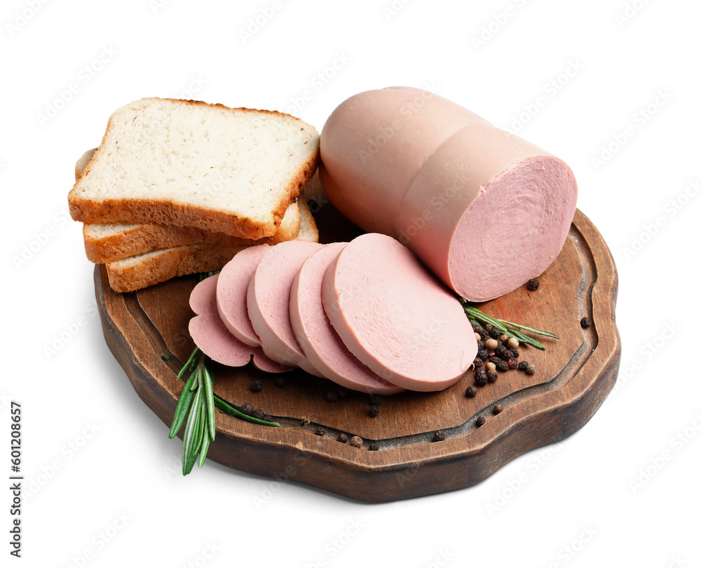 Wooden board with tasty sliced boiled sausage and bread on white background