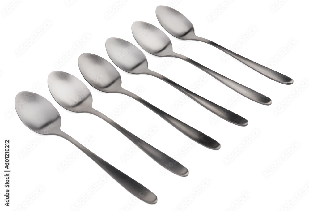 Stainless steel spoons on white background