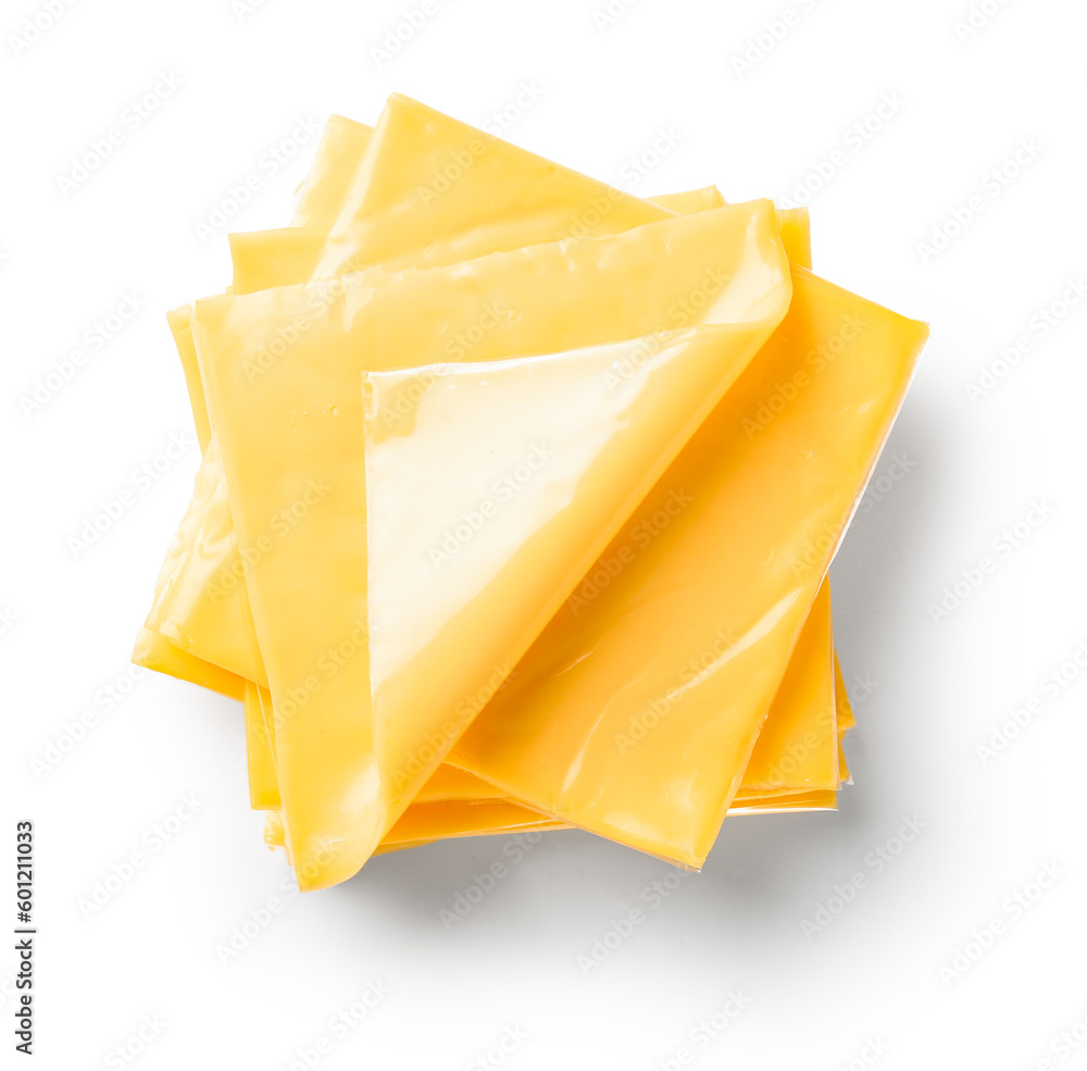 Pile of tasty processed cheese on white background