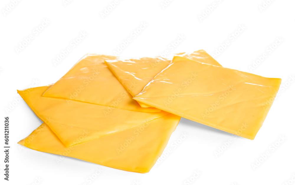 Slices of tasty processed cheese on white background