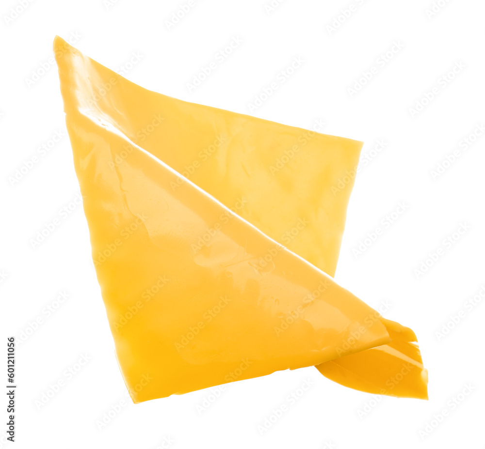 Slice of tasty processed cheese isolated on white background