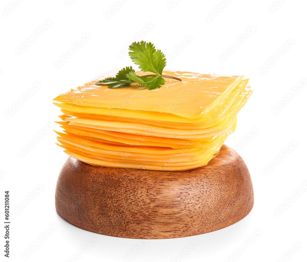 Bowl with tasty processed cheese and herbs on white background