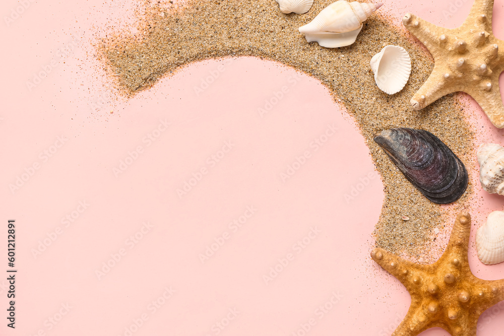 Stroke of sand with seashells and starfishes on pink background