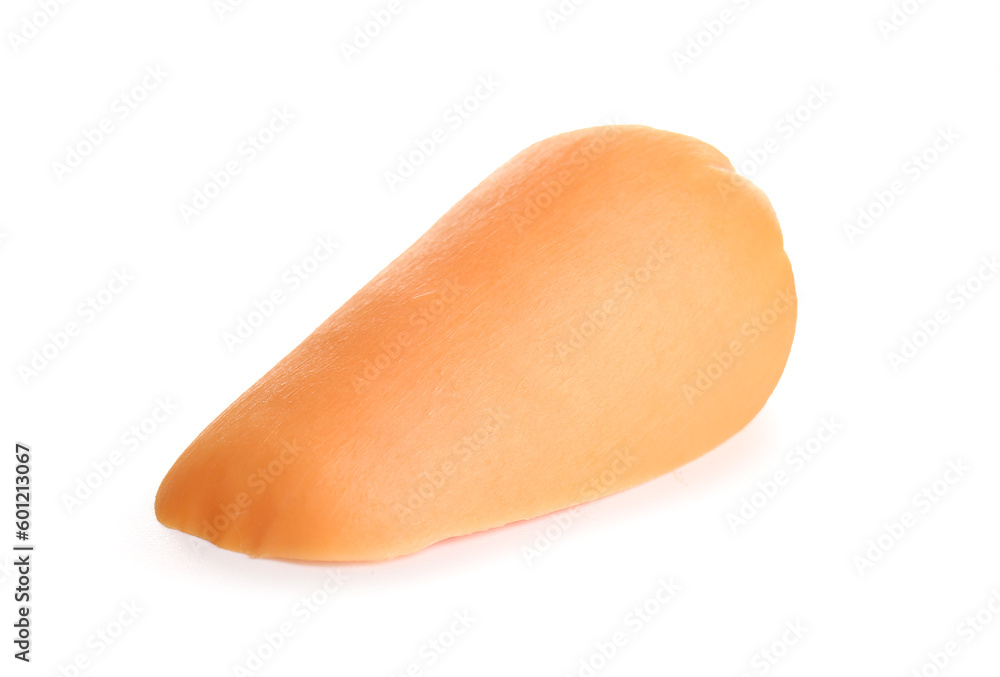 Slice of tasty boiled sausage on white background