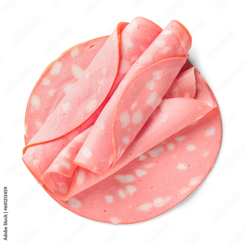 Slices of tasty boiled sausage on white background