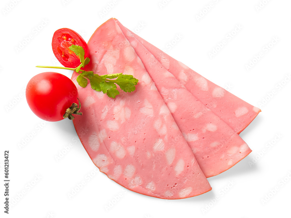 Slices of tasty boiled sausage with tomatoes on white background