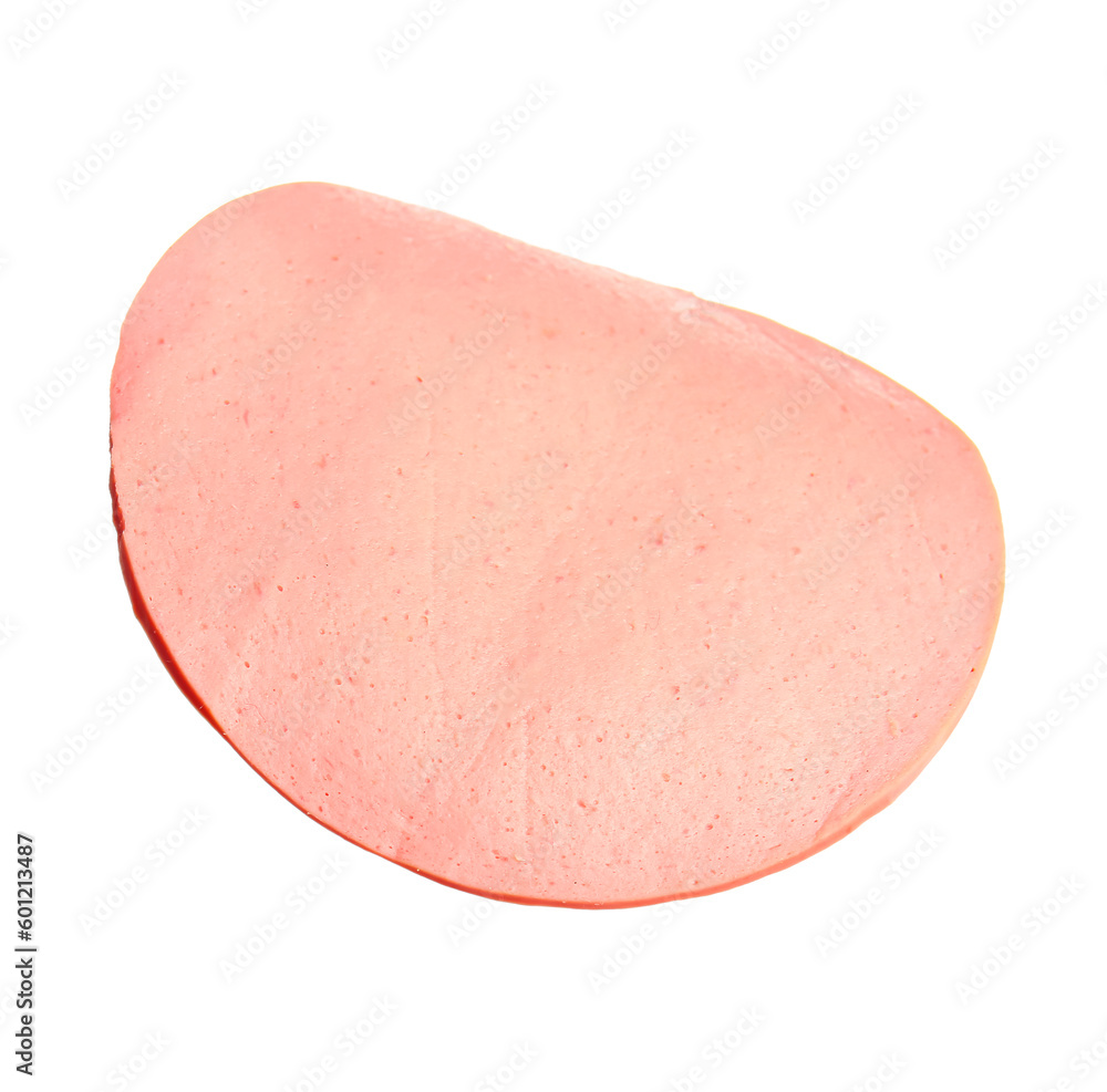 Slice of tasty boiled sausage on white background