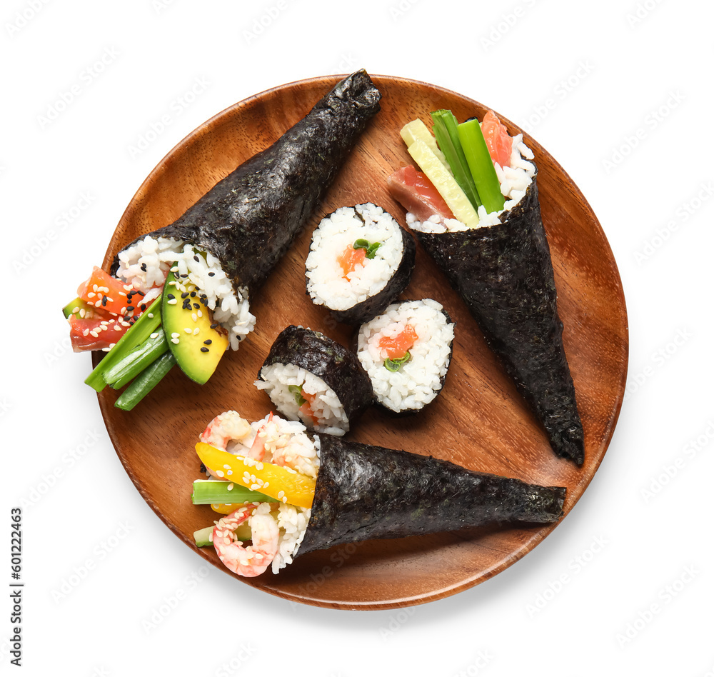 Wooden plate with delicious sushi cones and rolls on white background