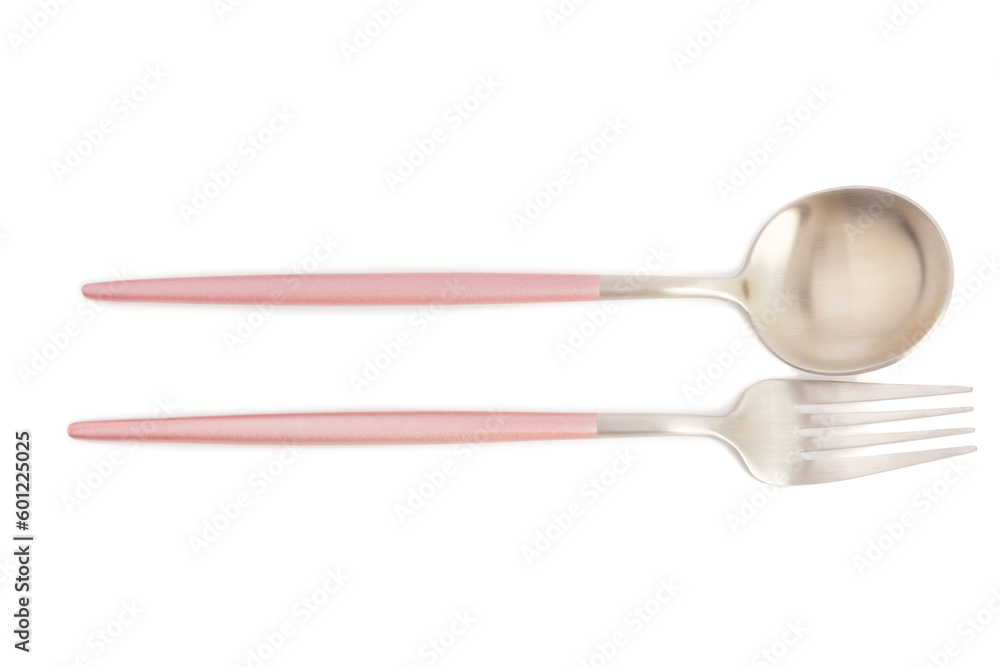 Stainless steel spoon and fork with pink handles on white background