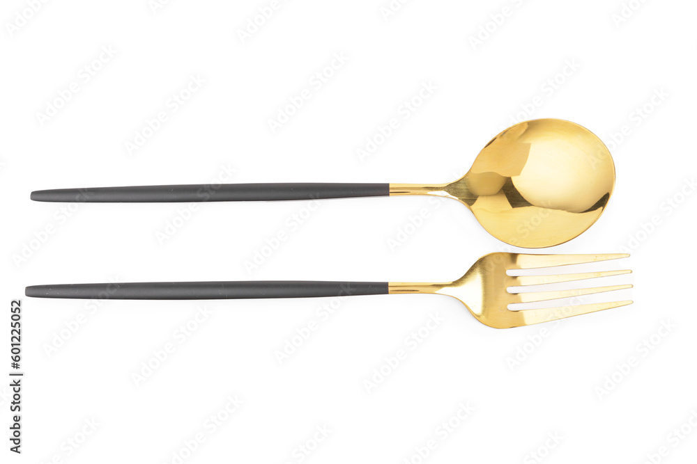 Golden spoon and fork with black handles on white background