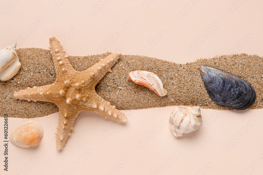 Sand with seashells and starfishes on pale pink background