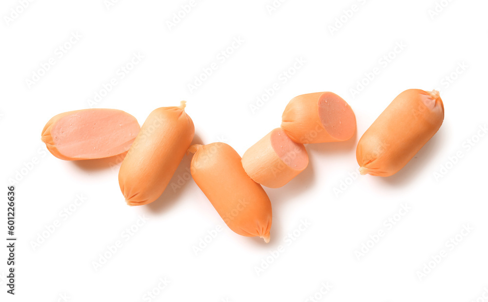 Tasty boiled sausages on white background