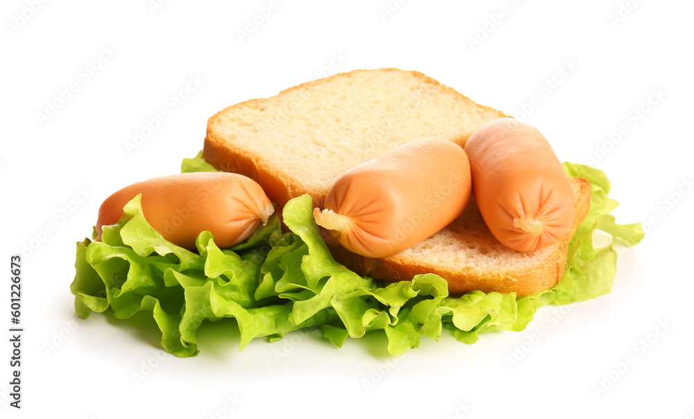 Tasty boiled sausages with lettuce and bread on white background