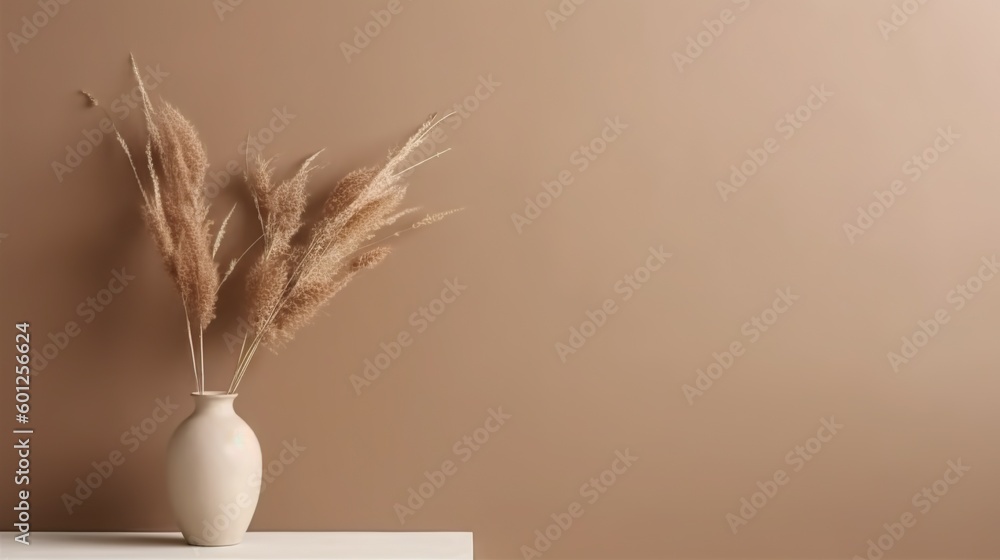 Vase with decorative dry plant branch against beige wall background. Minimalist interior mockup. Gen