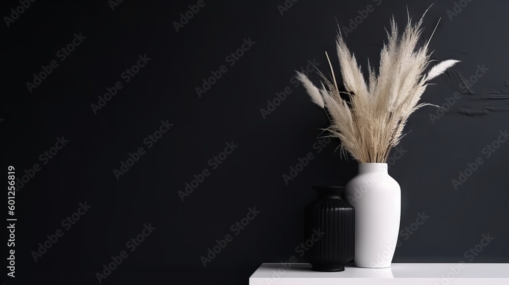 Vase with decorative plant branch against black wall background. Minimalist interior mockup. Generat