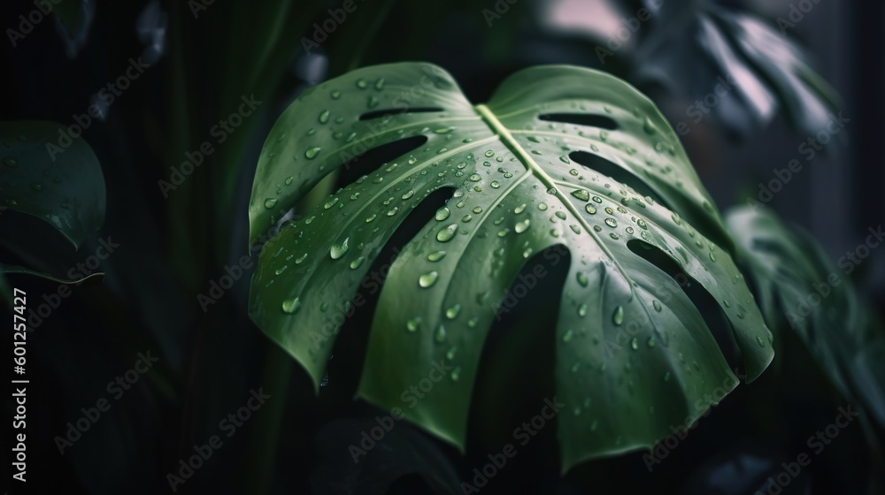 Closeup of Monstera tropical plant leaves with rain drops. Green natural backdrop. Generative AI