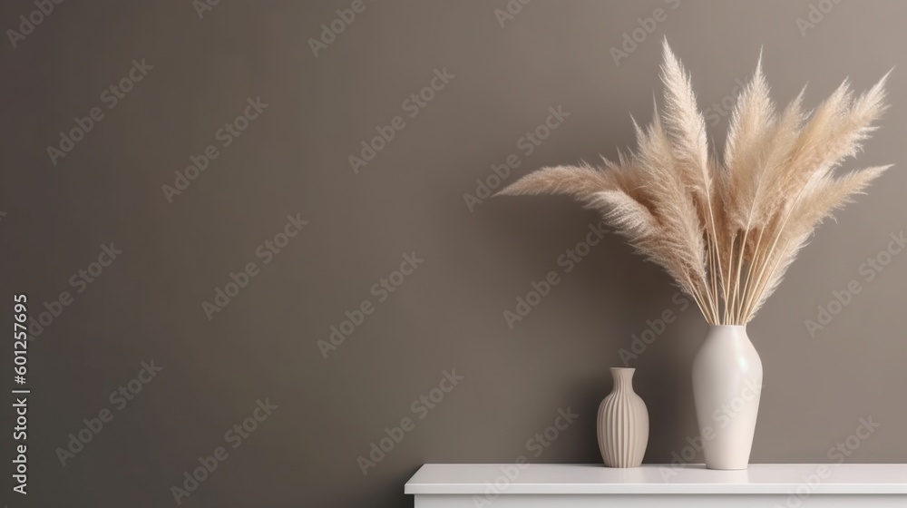 Vase with decorative plant branch against gray wall background. Minimalist interior mockup. Generati