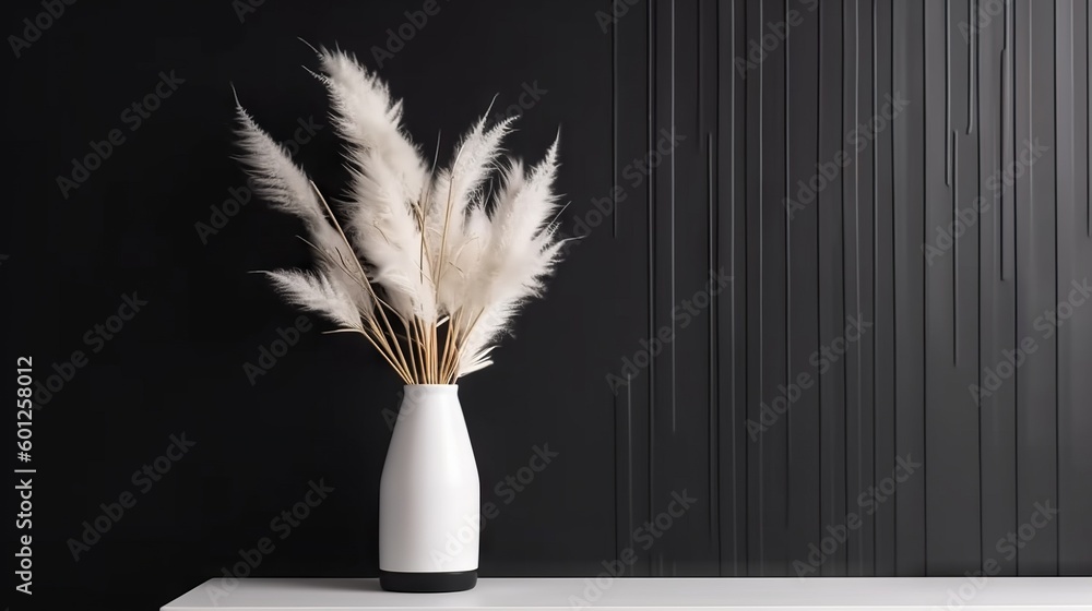 Vase with decorative plant branch against black wall background. Minimalist interior mockup. Generat