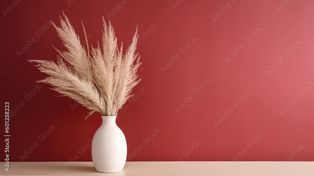 Vase with decorative plant branch against red wall background. Minimalist interior mockup. Generativ