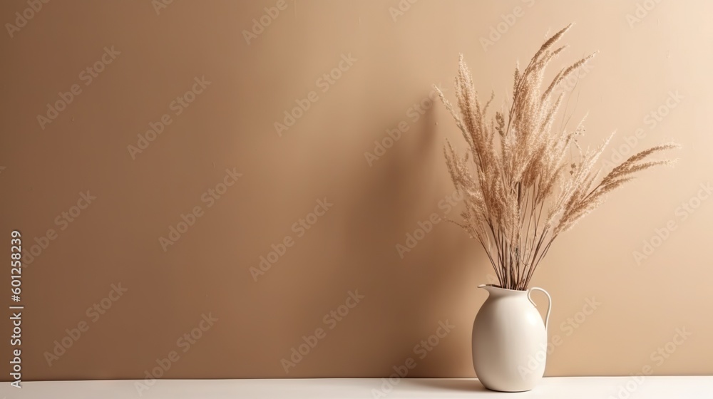 Vase with decorative dry plant branch against beige wall background. Minimalist interior mockup. Gen