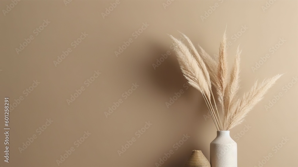 Vase with decorative dry plant branch against beige wall background. Minimalist interior mockup. Gen