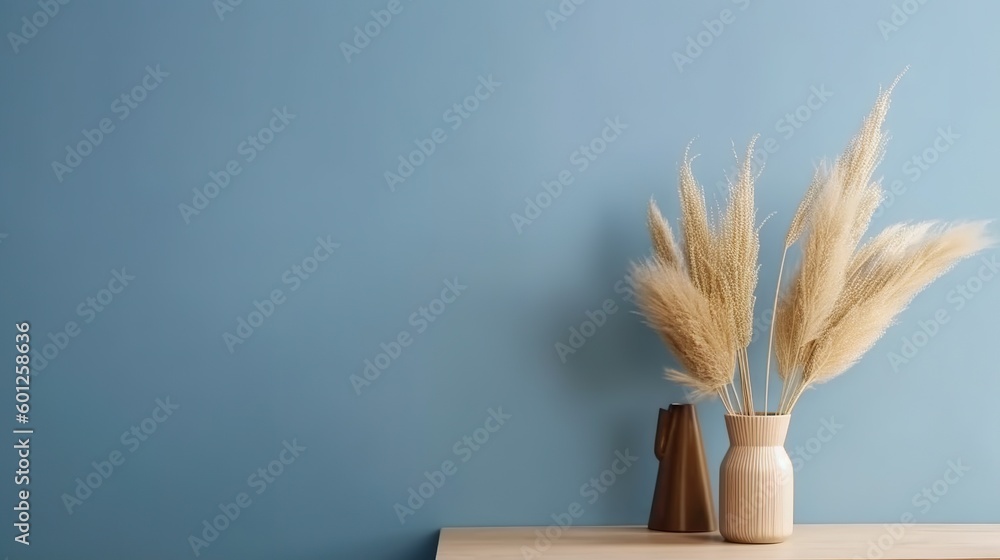 Vase with decorative plant branch against blue wall background. Minimalist interior mockup. Generati